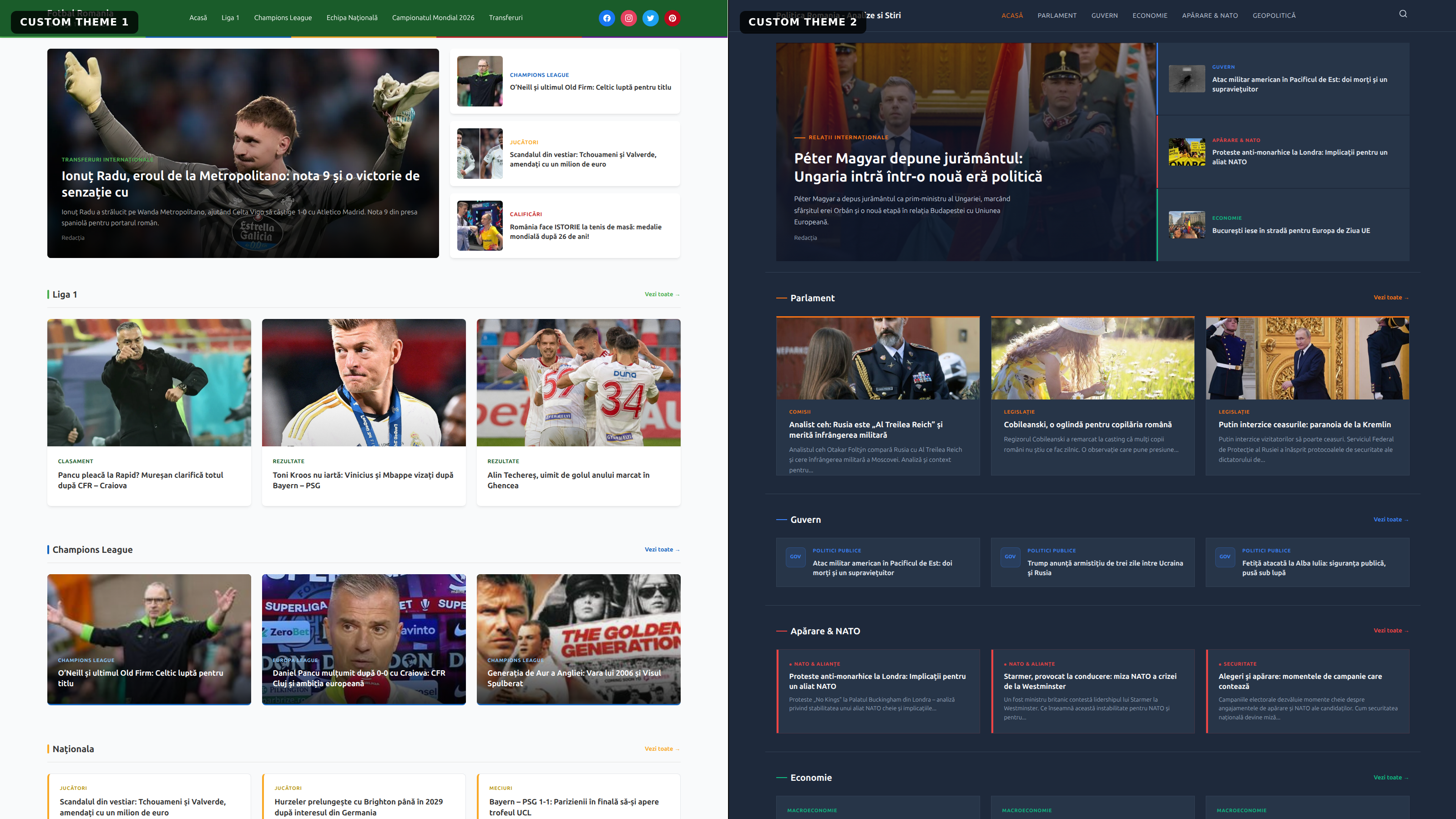 Two of the four custom themes side by side, fotbal-ro and politica-ro