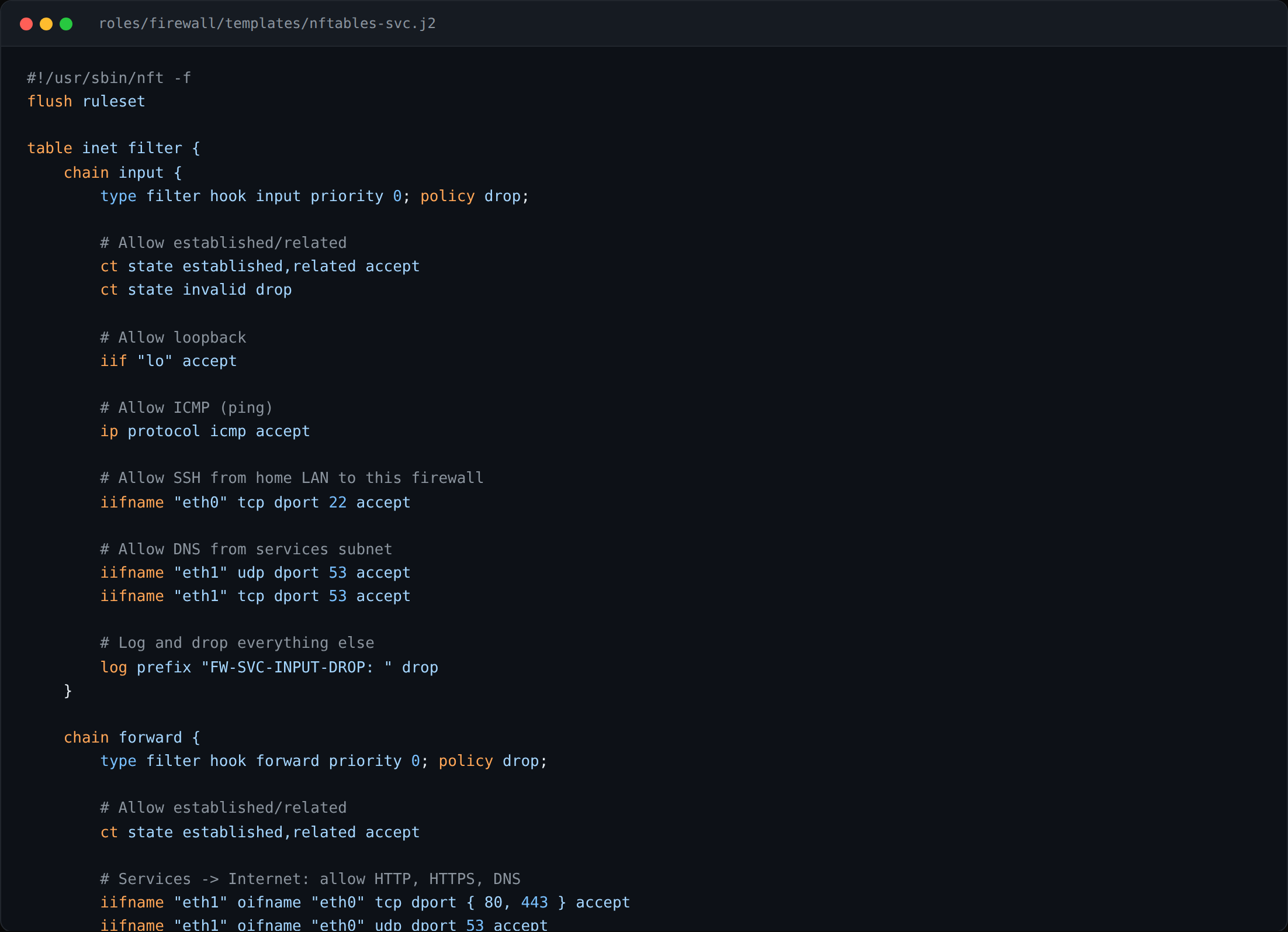 nftables Jinja template that builds the gateway firewall on every Ansible run